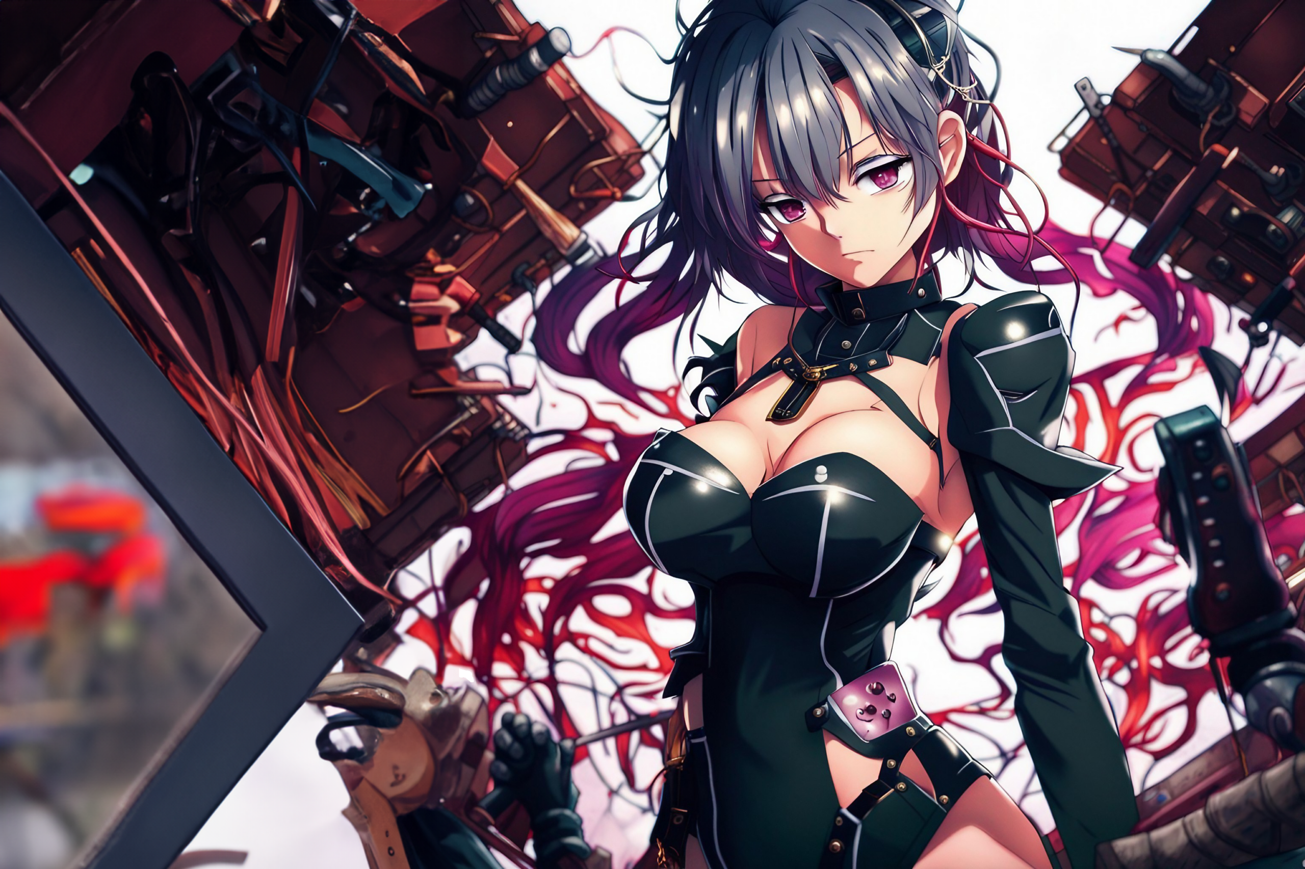 Eine weibliche Mangafigur in Kinky Leder Outfit