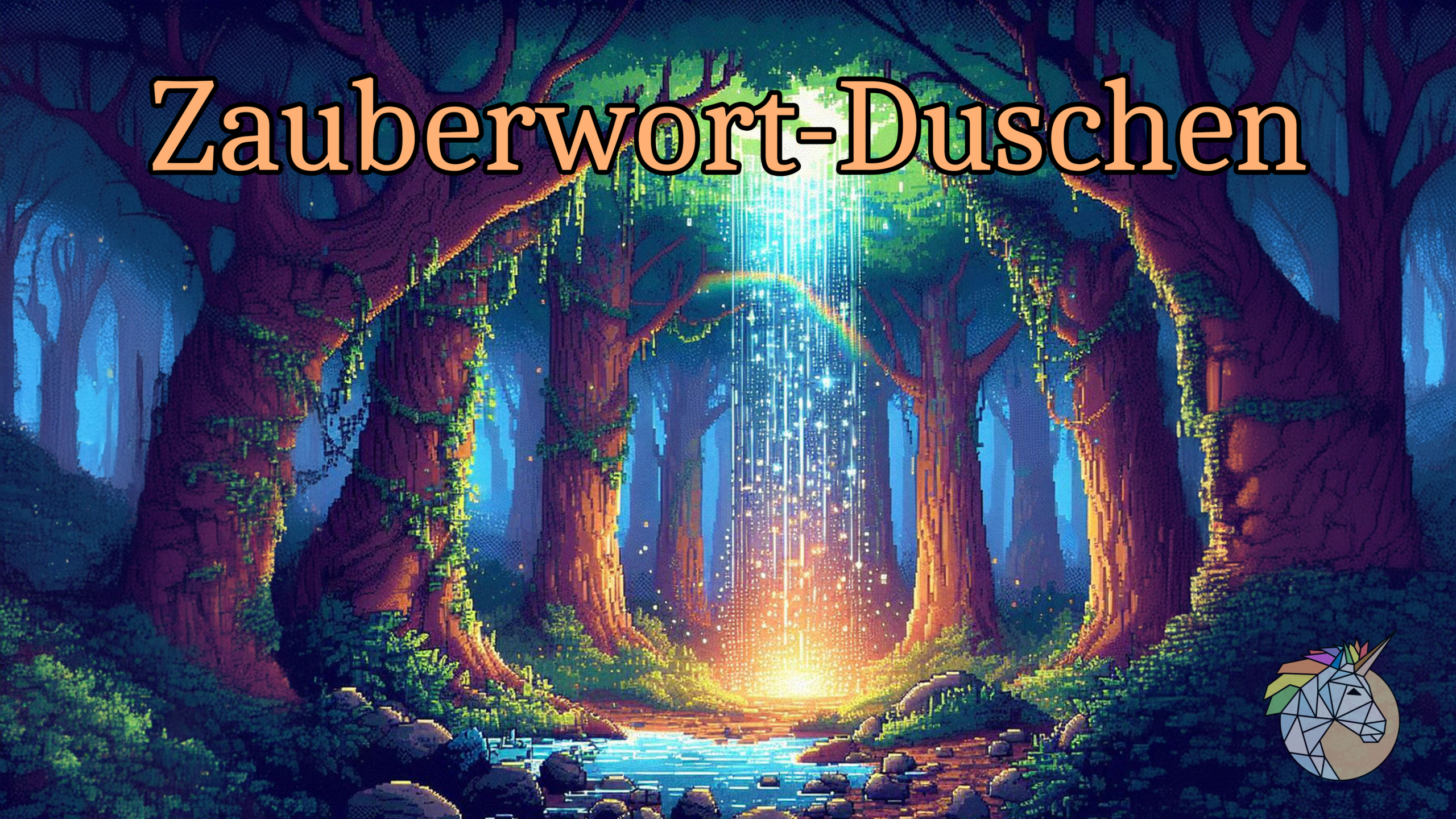 Ein Wald in dem eine Magische Dusche regnet. Auf dem Bild stehen die Worte "Zauberwort Duschen"