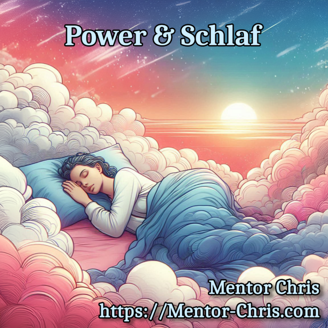 Eine Frau mit schwarzen Haaren schläft in Blauen Bettzeug auf Regenborgenfarbenen Wolken. Über ihr der Schriftzug "Power & Schlaf"