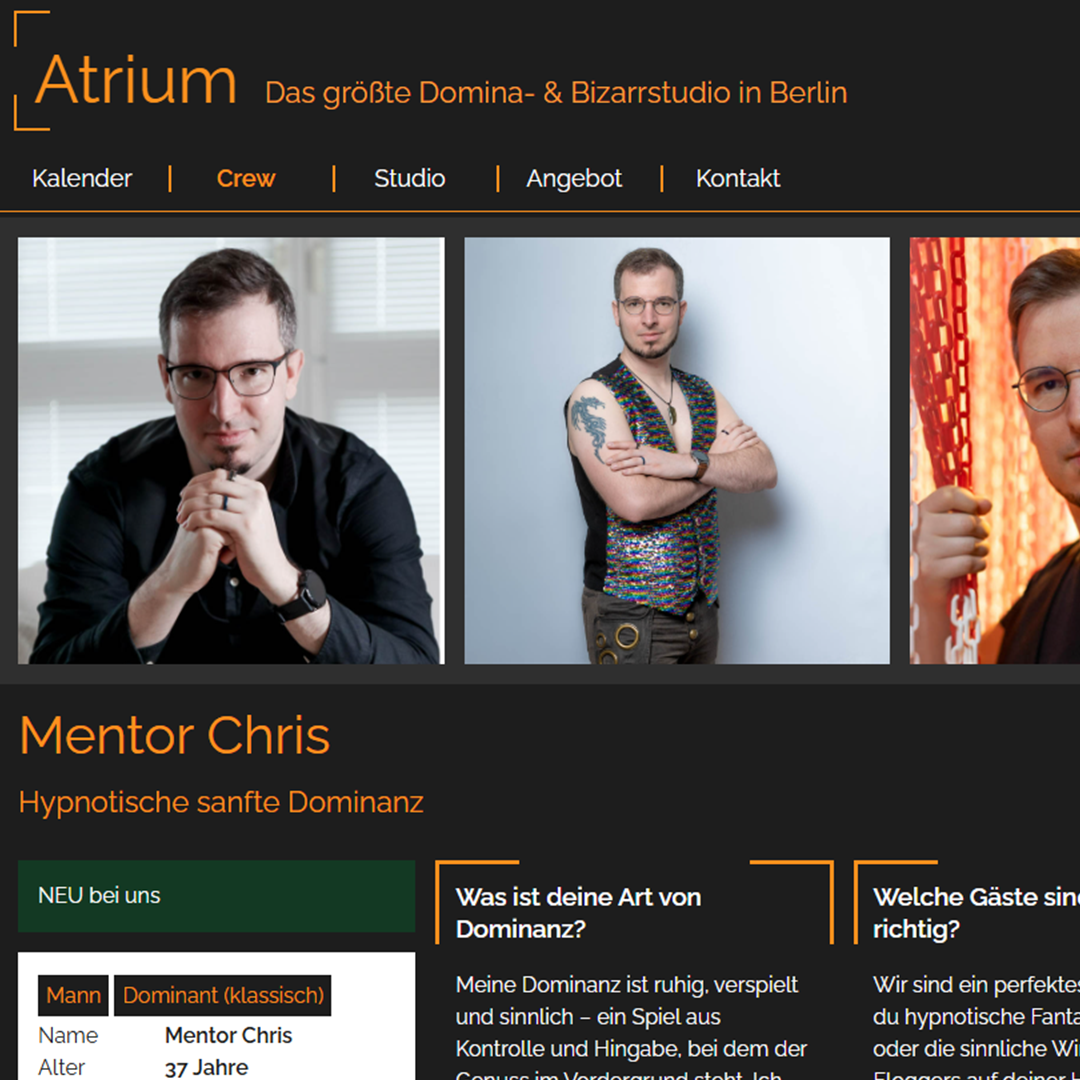 Ansicht Hypno-Dom Profil von Mentor Chris auf der Atrium Berlin Website