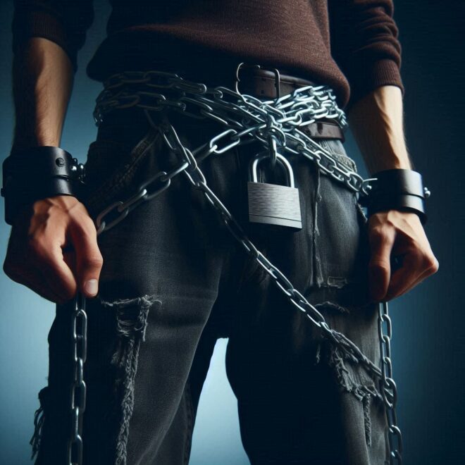 Das Bild von einer Persoon wo nur der Unterkörper zu sehen ist, komplett in Ketten gelegt.