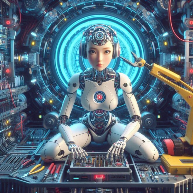 Ein Bild von einem Roboter mit Menschengesicht vor einem futuristisch wirkenden Hintergrund