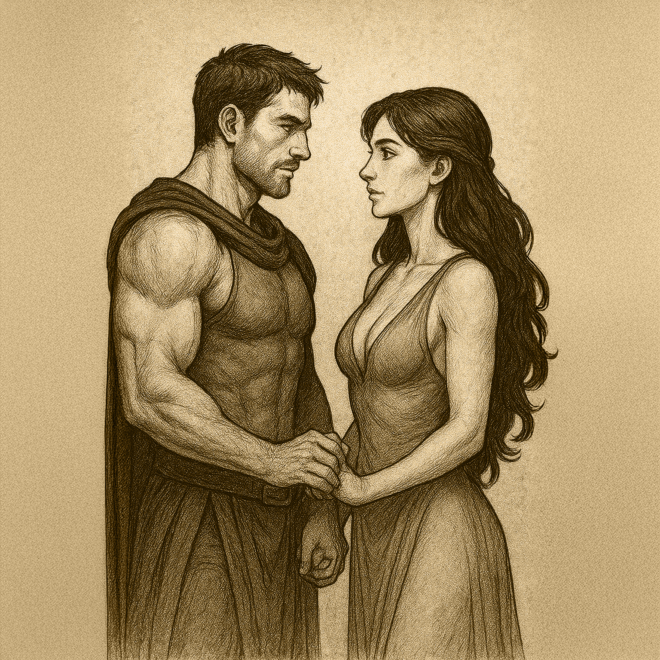 Ein in Gelb/Braun Tönen gehaltenes Bild von einem Krieger und einer Amazone die Hände halten und sich anschauen