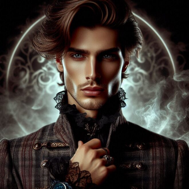 Ein Männlich wirkender Mensch vor einem mystischen Hintergrund mit altmodischer Kleidung