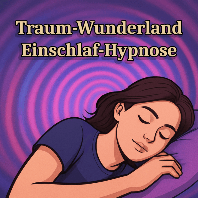 Eine weiblich gelesene Person in Comic Stil liegt schlafend auf einem Kissen. Im Hintergrund eine Spirale. Über der Person die Worte "Traum Wunderland Einschlaf-Hypnose"