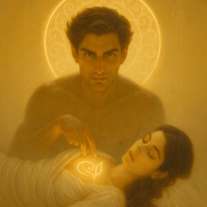 Ein in Gelblichen Farben gehaltenes Bild von einem männlich gelesenen Menschen mit nackten Oberkörper welcher ein Muster auf den Oberkörper einer Frau zeichnet die vor im mit geschlossenen Augen liegt